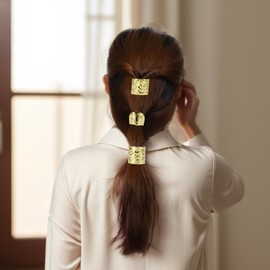 VOCOSTE 3 Pcs Ponytail Buckle Hair Clip High Buckle Ponytail Holders Hair Cuffs with Decorative Rings Decoration for Long Hair Alloy Gold Tone