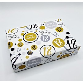 2 Sheets + 2 Matching Gift Tags 18th Birthday Wrapping Paper Age 18 Birthday Black Gold Silver Giftwrap For Male and Female (PA)