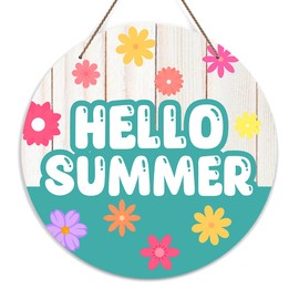 Hello Summer Welcome Door Sign, Colorful Flowers Decor Wooden Sign Round Decorative Wall Plaque, Rustic Summer Welcome Sign for Front Door, Farmhouse Porch Yard Hanging Sign Outdoor Decorations -21