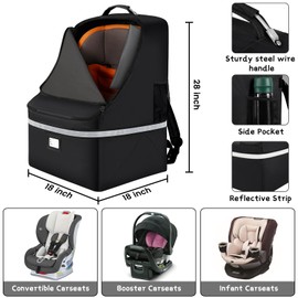 Car Seat Travel Bag,Padded Car Seats Backpack with Steel Cable Handle and Reflective Stripes, Large Durable Carseat Carrier Bag,Airport Gate Check Bag,Infant Seat Travel Bag with Shoulder Strap,Black