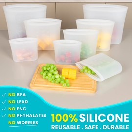 8-Pack Reusable Silicone Food Storage Bags, 100% Silicone Stand-Up Wide-Open Zip-Lock Reusable Storage Bags for Food, Freezer Microwave Oven Dishwasher Safe, Translucent, 2XL(0.8 Gallon) 2L 2M 2S