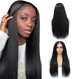 V Part Wig Human Hair Straight Human Hair Wigs Upgrade U Part Human Hair Wig for Women No Leave Out No Sew In 200% Density Natural Color 28 Inch