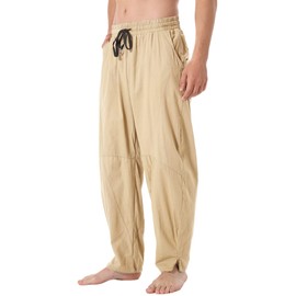 CLANMILUMS Men's Cotton Linen Pants Casual Drawstring Summer Beach Loose Trousers (XX-Large, Khaki)