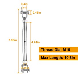 Acrux7 2 Pack 3/8 Inch M10 Turnbuckles, Stainless Steel Jaw and Jaw Turnbuckle Heavy Duty Rust & Corrosion & Acid Resistance Rigging Screw Closed Body Turnbuckle for Cable Wire Rope Tension