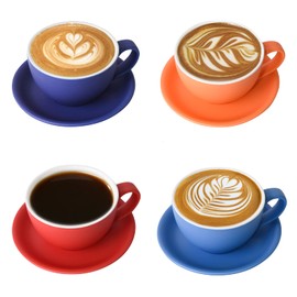 Yundu Ceramics Latte Cup and Saucer - 10 oz for Cappuccino,Tea,Cafe Mocha, Set of 4,Matte Mixed Color