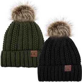 C.C YJ820 Thick Cable Knit Hat Faux Fur Pom Pom Fleece Lined Skull Cap Cuff Beanie 2PK Blk/Olive