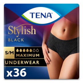 TENA Stylish Black Incontinence Cotton Underwear for Women, Maximum Absorbency, Small/Medium, 36 ct (2 Packs of 18)