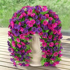 Artificial Fake Hanging Flowers Plants for Outdoor Spring Summer Decoration, 2PCS Faux Silk Morning Glory Long Vines Stems UV Resistant Look Real for Outside Home Porch Patio(Violet Red Purple)