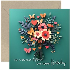 Auntie Birthday Cards - Paper Cut Flower and Butterfly Art - Happy Birthday Greeting Cards for Her - Gifts for Women - Stylish Contemporary Birthday Card Design for Family
