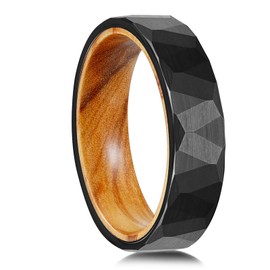 JEWPER 6MM 8mm Black/silver/gold Tungsten Rings for Men Womens Couple Fashion Jewelry Promise Engagement Wedding Band Hammered Inner ring inlaid with olive wood Carbide Polished Edge Comfort Fit