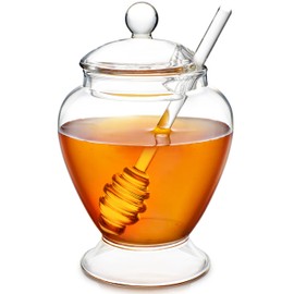 Teabloom Pure Bliss Honey Jar with Dipper and Lid - Hand-Crafted with Highly Hygienic, Non-Porous Borosilicate Glass (14 oz)