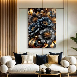 PUREVACY Inky Blue & Gold Flower Wall Decor for Bedroom. Dark Floral Wall Art for Living Room, Office. Glossy Botanical Prints on Acrylic Size 40x50 cm / 16x20″