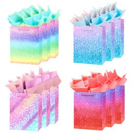 ZJHiome 12Pcs 9'' Gift Bags Medium Size Gift Bags with Tissue paper Rainbow Glitter Paper Bags with Handles for Shopping Birthday Wedding Baby Shower Christmas Party