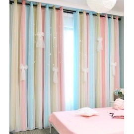 Yancorp Curtains for Girls Bedroom Kids Curtain Hollow-Out Star Window Nursery Curtain 84 inches Length Room Darkening Grommet 2 Layers (Baby Pink Blue, W52 X L84)