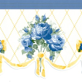 CONCORD WALLCOVERINGS ™ Wallpaper Border Floral Pattern Flower Bouquets Ribbons, Die Cut Edge for Bedroom Living Room Dining Area Cottage, Cream Blue Yellow, 15 ft by 4.5 in 5806626