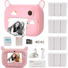 Camera Instant Print Camera Christmas Birthday Gifts for   Blue Dinosaur Camera Print Photo Camera with 3 Rolls Paper and 32GB TF Card - Color: Pink with12 rolls print paper