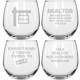 MIP Set of 4 Wine Glass for Red or White Wine Gift Realtor Real Estate Agent Collection (16 oz Stemless)