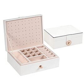 ProttyLife Jewelry Organizer Box 2 Layer Women Jewelry Box Organizer Large Lockable Display Jewelry Holder for Earring Ring Necklace (White)