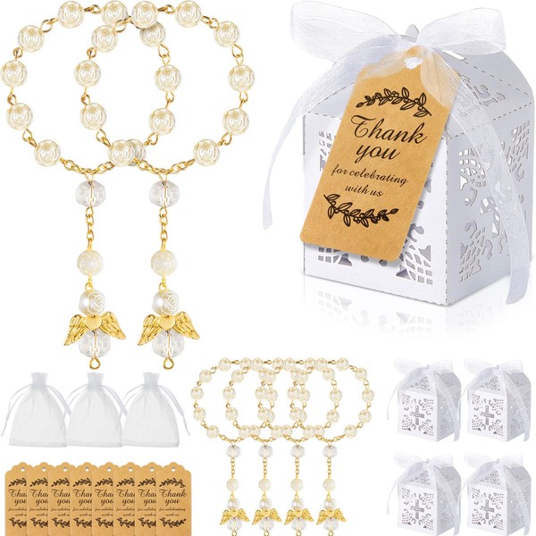 200 Pcs Rosaries Baptism Sets Include 50 Mini Rosary Acrylic Rosary Beads 50 Baptism Favor Boxes 50 White Organza Bags with Drawstring 50 Thank You Kraft Tags for Baby Shower Decor Party Supplies