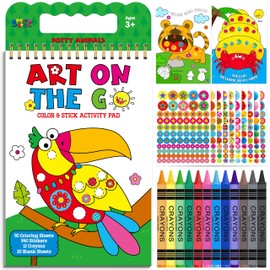 Road Trip Coloring Kit, 50 Coloring Pages with 940 Decorative Stickers & 12 Crayons, Mess-Free Travel Sticker Collage Activity DIY Dotty Animals Travel Art Craft Kit for Kids, Toddlers