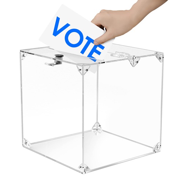 MaxGear Acrylic Donation Box, 9.8" x 9.8" x 9.8" Large Ballot Box, Suggestion Box with Lock - Large Comment Box - Clear Money Box Square Box for Fundraising, Donating, Bar, School, 1 Pack