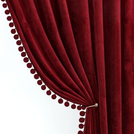 Benedeco Burgundy Velvet Curtains for Bedroom Window with Pom Pom, Super Soft Luxury Drapes, Room Darkening Thermal Insulated Rod Pocket Curtain for Living Room, W52 by L96 inches, 2 Panels