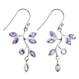 Franki Baker Amethyst Gemstone & Sterling Silver Drop Vine Leaf Earrings. Length:5cm