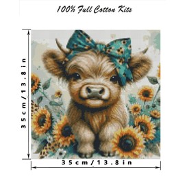 BEAYIOU Highland CowStamped Cross Stitch Kits for Adults Beginners,DIY Cow Cross Stitch Ornament Kits for Adults Beginners Without Frame,Counted Embroidery Needlepoint Kits Home Decor 14x14inch