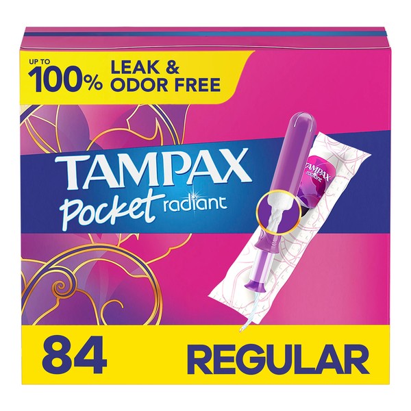 Tampax Pocket Radiant Compact Plastic Tampons, With LeakGuard Braid, Regular Absorbency, Unscented, 28 Count x 3 Packs (84 Count total)