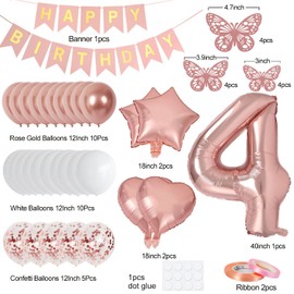 Nelotaor 4th Birthday Decorations for Girls, Rose Gold 40 Inch Age 4 Foil Birthday Balloons with Happy Birthday Banner and Butterfly Stickers, for Baby Shower, Girls Women Birthday Party