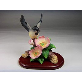 Cosmos Gifts Fine Porcelain Songbird Chickadee Bird with Pink Wildrose Rose Flowers on Wood Base Figurine, 3-1/2" L
