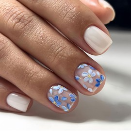 BFY Flower Press on Nails Short Square Fake Nails, Small Blue White Flowers Acrylic Nails Kit, Spring Summer Nude Glossy Gel Manicure Stick on Nails Full Cover False Nail Tips 24Pcs