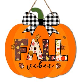 Pumpkin Bow Buffalo Plaid Fall Vibes Wooden Sign Wall Decor, Pumpkin Fall Wood Hanging Door Signs Decorations for Home Office Kitchen Front Door, Autumn Thanksgiving Sign Decor