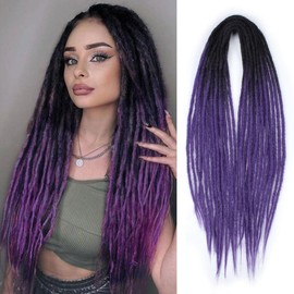 Sangtok Hair Extension, 24 inch DE Ombre Purple Thin 0.6cm 15 pcs Synthetic Dreadlocks, Reggae Hippie Braid in Dreads for Women