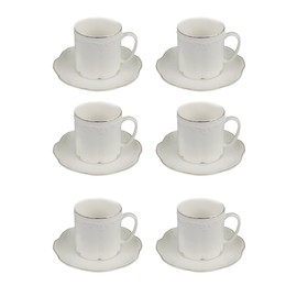 GuangYang 7oz Fine Porcelain Tea Cups and Saucers Set with Gold Trim – Elegant White Embossed Coffee & Tea Cup Set for Afternoon Tea, Cappuccino, Latte, Wedding or Gift