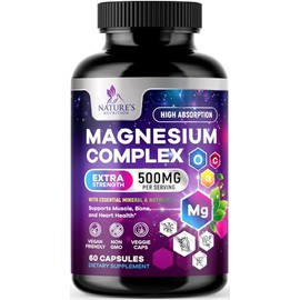 Nature's Nutrition Suplemento de complejo de magnesio 500 mg - 5 en 1 de alta absorción con glicinato, malato, citrato, óxido y aquamina de magnesio q