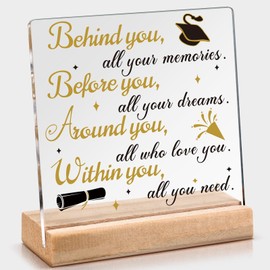 Yousoontic Class of 2025 Graduation Gift Graduation Inspirational Quote Sign Acrylic Sign Desk Table Decor, Behind You All Your Memories Plaque with Wooden Stand for Women Men
