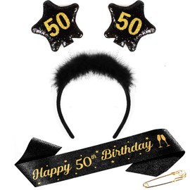 TUZELIYA 50th Birthday Women Men - 50th Birthday Headpiece with Birthday Belt, Pin - Hair Accessories Glitter Sash for Birthday Party Decorations