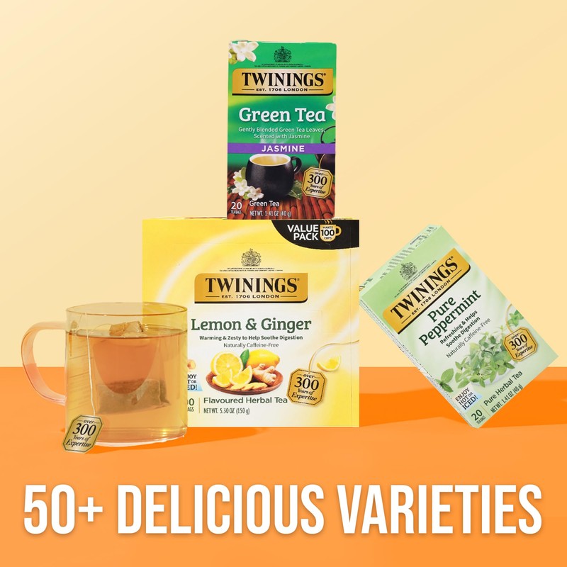Twinings Lemon & Ginger Herbal Tea Individually Wrapped Bags, 100