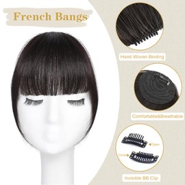 HH FASHION Clip in Bangs - 100% Human Hair French Bangs Brown Black Clip on Bangs Hair Extensions Fake Bangs Fringe with Temples Hairpieces for Women Curved Bangs for Daily Wear