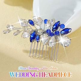 Latious Blue Crystal Bride Wedding Hair Comb Rhinestone Bridal Hair Pieces Sparkly Hair Accessories for Women and Girls (Blue)