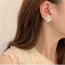 Elegant Flower Pearl Stud Earrings Sterling Silver Pins Dainty Cubic Zirconia Crystal Little Flower Wedding Earrings Statement Studs 14K Gold Plated Cute Jewelry Gifts for Women Girls