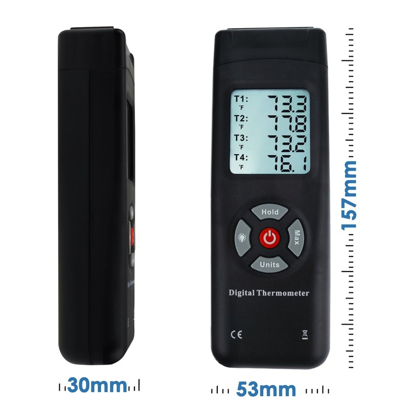 Thermometer 4 Kanäle K-Typ Thermoelement-Sensor-Tester mit K-Typ Metall Probe, Hintergrundbeleuchtung