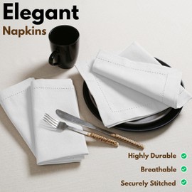 Native Fab Set of 12 Cotton Cloth Napkins, 18 x 18 inch, Hemstitched Edges with Mitered Corners, Soft, Absorbent, Reusable Table Linen Napkins for Wedding, Events, Lunch, Dinner, Parties - White