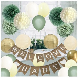 Welcome Baby Shower Decorations - Sage Green Beige Baby Gender Reveal Party Balloons Decor with Pre-strung Burlap Sign Banner Wall Hanging Supplies (Soft yellow + Sage + Gold)