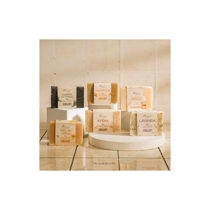PACALLI Jabones Artesanales 6 Pack; Arroz, Avena, Caléndula, Carbón Activado,