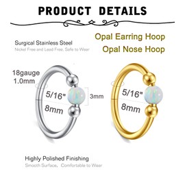 MODRSA 18g Opal Nose Ring Opal Nose Hoop Clicker Silver Nose Ring Hoop for Women Cartilage Hoop Earring Cartilage Hoop Helix Hoop Earring Opal White Daith Earring Hoop 8mm Hinged Nose Ring