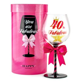 SAY HO UM Copa de vino de cumpleaños 40 y fabulosa para mujer, regalo divertido para mujeres que cumplen cuarenta años, mamá, mejor amiga, tía, hermana, prima, compañera de trabajo, grande de 23 onzas, copa de vino de 8.8 pulgadas de alto