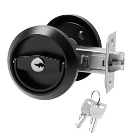Antrader 1Pcs Privacy Sliding Door Lock, Black Round Recessed Pocket Door Lock with Key and Ring Pull Function for Bed, Bath