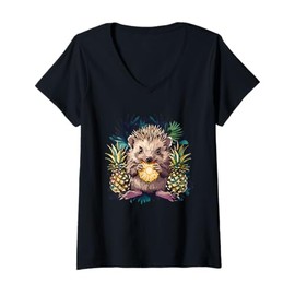 Womens Pineapple Hedgehog Drawing Animal Art Motif Pineapple Fruit V-Neck T-Shirt